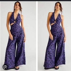 Free People Kira Black and Purple Wide Leg Jumpsuit Size XS
